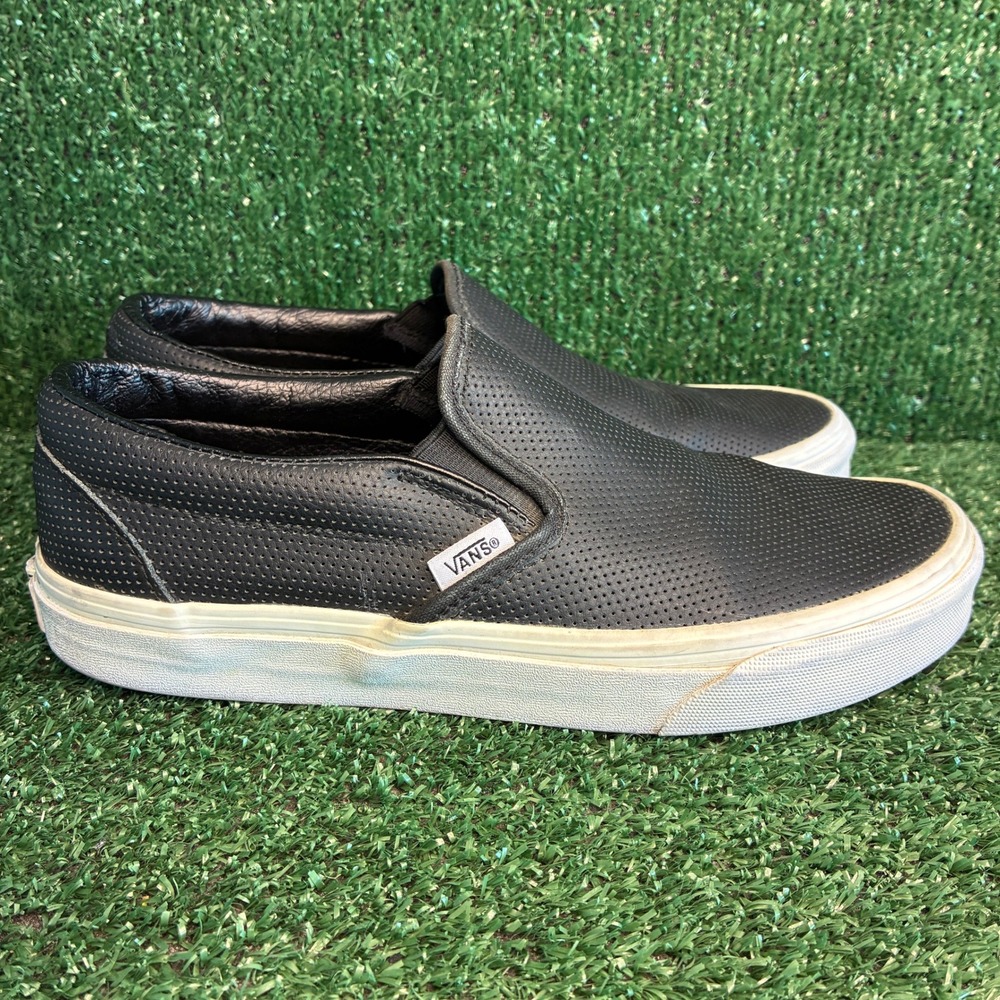 Vans Classic Slip-On Perforated Leather Casual Skater Sneakers Black Womens Sz 8